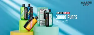 A collection of Wasp FiHP vaping devices in various colors displayed on multicolored podiums, with text highlighting "30,000 puffs" and product features.