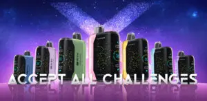 Colorful e-cigarette devices against a starry background with the text "ACCEPT ALL CHALLENGES."