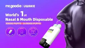 Promotional image for the "mr. goodie UWake" world's first nasal & mouth disposable device, highlighting 30000 puffs (2x15000 puffs), mouth and nasal inhalation, and dual tanks.