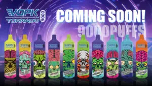 VOPK Tornado disposable vapes in various vibrant colors, each with a unique skull design and flavor label, such as "Triple Mango" and "Blueberry Raspberry Ice," advertised as "Coming Soon" with 9000 puffs.