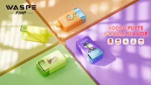 Colorful disposable vaping devices featuring monkey illustrations, arranged on pastel-colored backgrounds with text highlighting "40,000 puffs," "double flavor," and key features like Type-C charging and 850mAh battery.