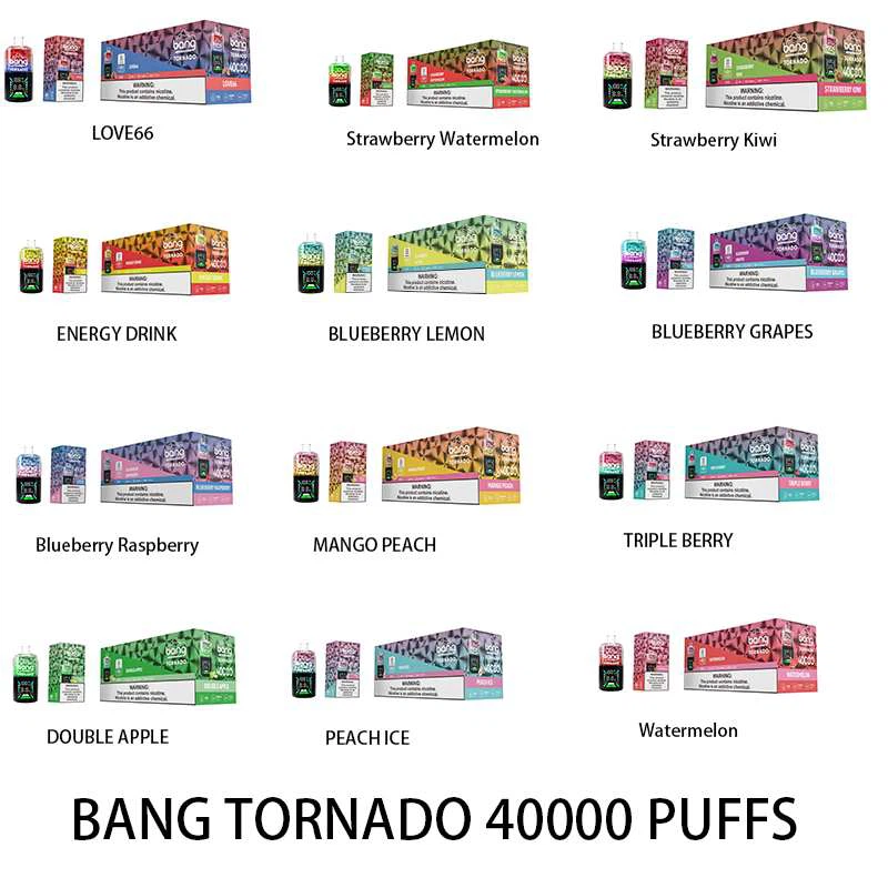 A grid displaying various flavors of "Bang Tornado" vape products, including options like Love66, Strawberry Watermelon, Strawberry Kiwi, Energy Drink, Blueberry Lemon, Blueberry Grapes, Blueberry Raspberry, Mango Peach, Double Apple, Peach Ice, and Watermelon, labeled as having 40,000 puffs.