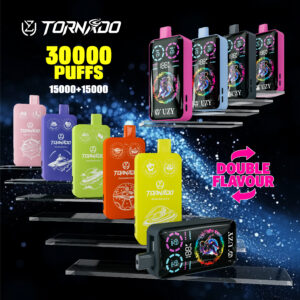 El vaporizador desechable Uzy Tornado 30K Puffs presenta sabores duales, flujo de aire ajustable, bobina de malla doble y una pantalla inteligente para una experiencia de vapeo personalizable.